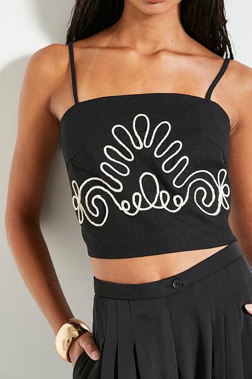 Co-ord embroidered linen cami - black
