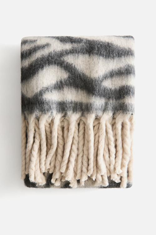 Patterned wool-blend blanket - light beige/zebra print