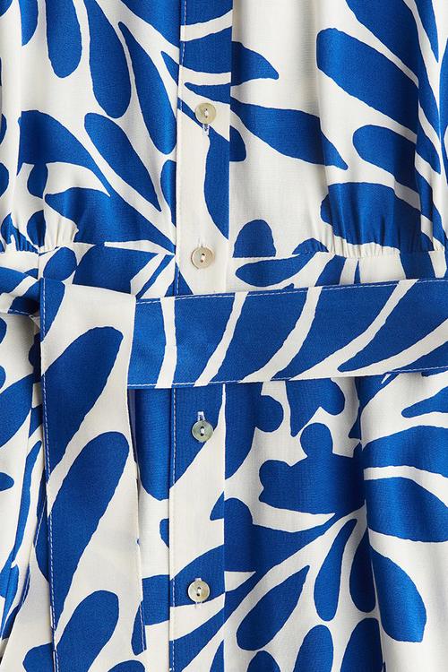 Tie-belt shirt dress - white & blue patterned