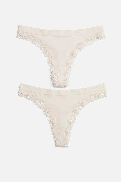 2-Pack seamless lace-trimmed thong briefs - pale beige