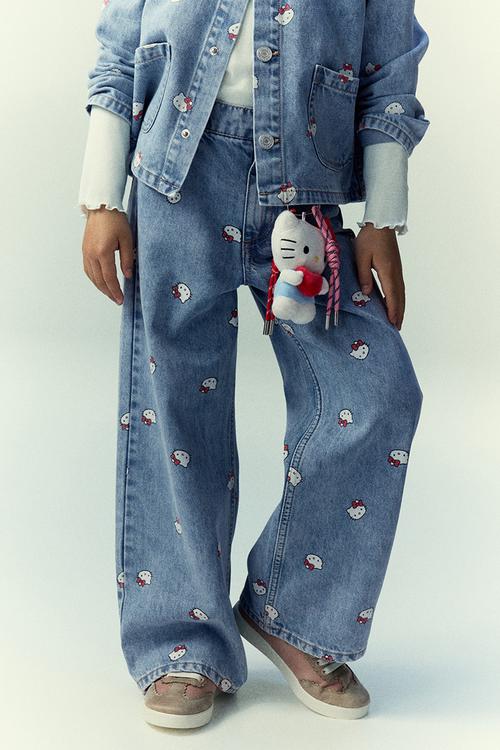 Printed wide leg jeans - light denim blue hello kitty
