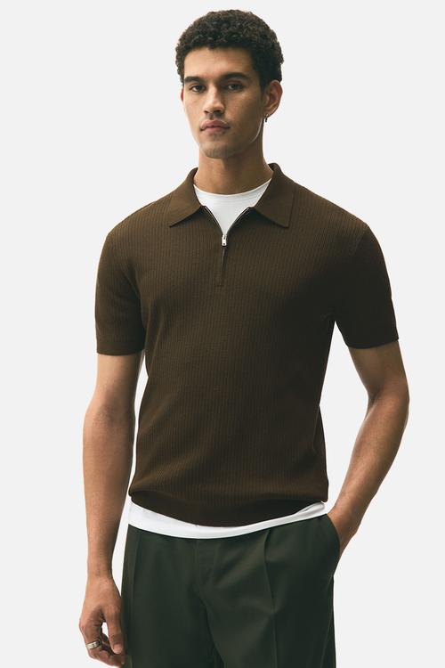 Slim fit zip-top polo shirt - brown