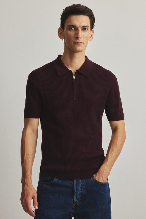 Slim fit zip-top polo shirt - burgundy