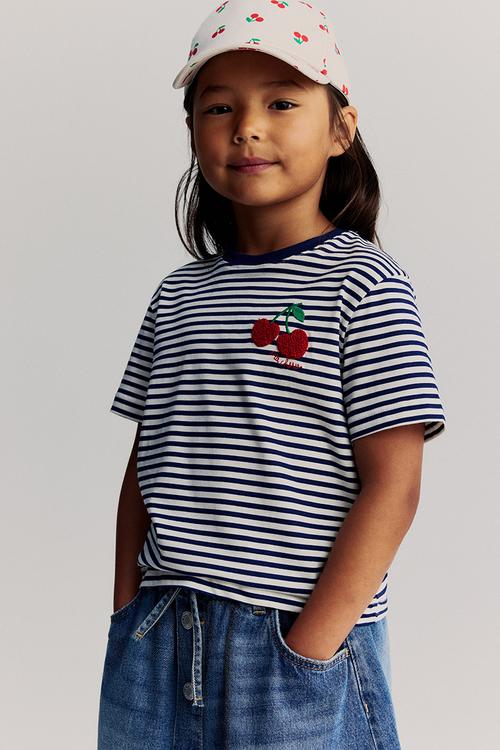 Motif-detail t-shirt - white & blue striped