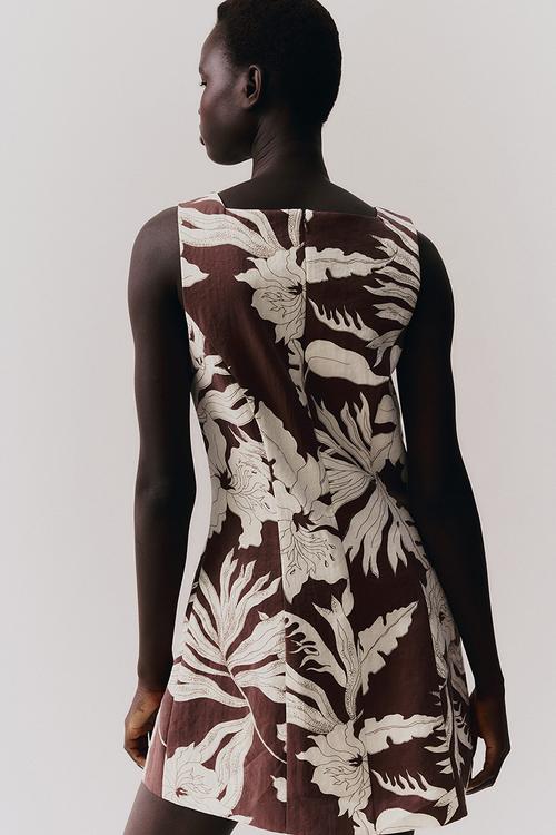 Square-neck twill dress - dark brown/floral