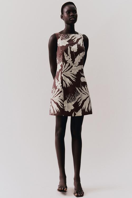 Square-neck twill dress - dark brown/floral
