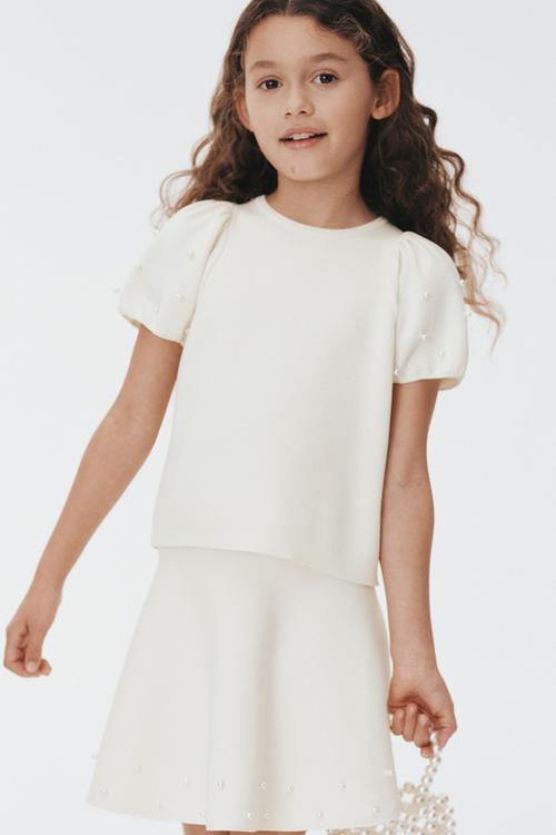 Bead-detail fine-knit skirt - white