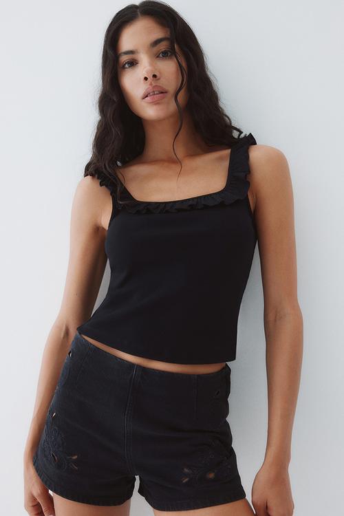 Frill-trimmed vest top - black