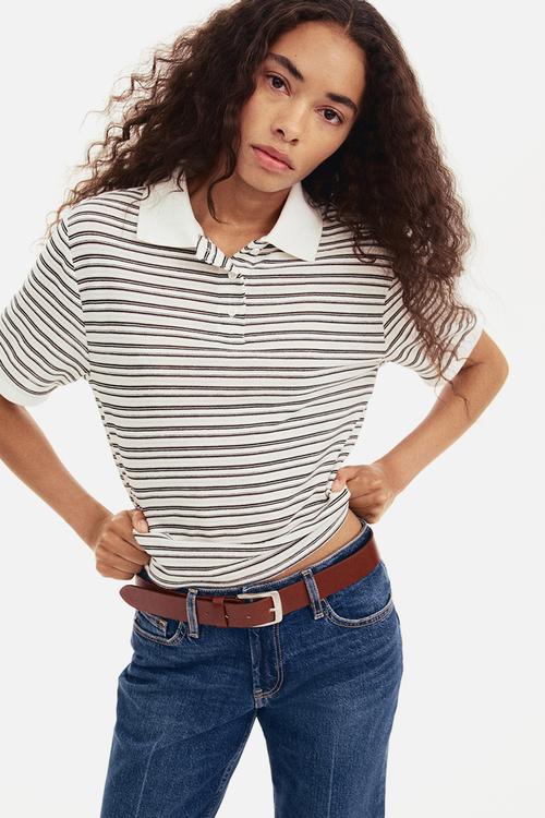 Fine-knit polo shirt - white striped 