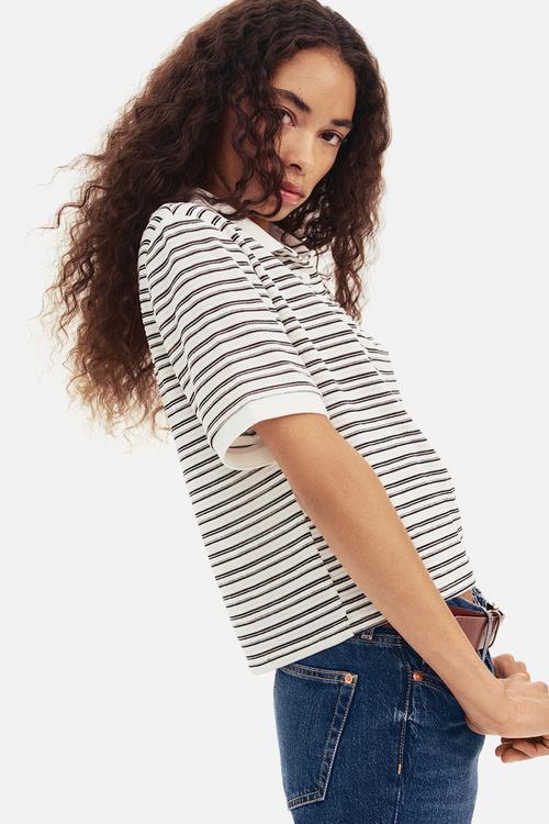 Fine-knit polo shirt - white striped 