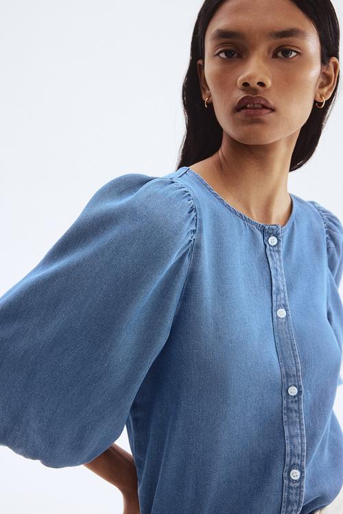 Balloon-sleeved denim blouse - denim blue
