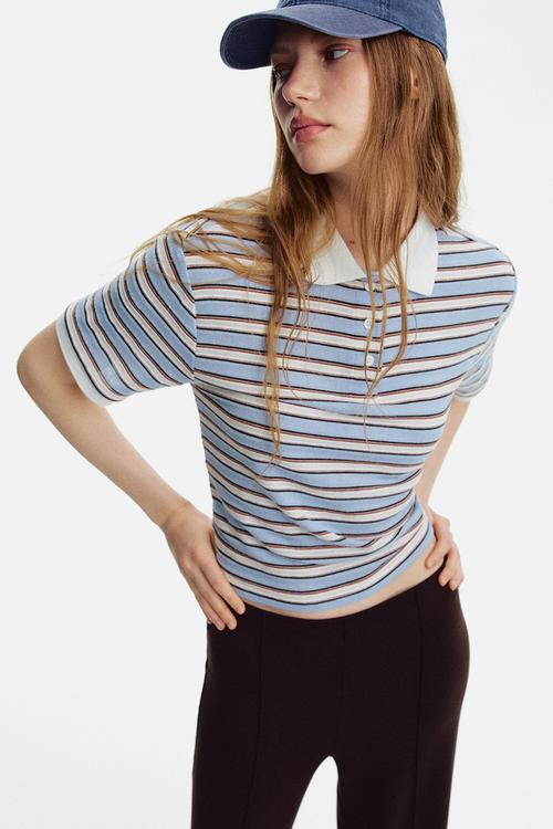 Fine-knit polo shirt - light blue striped 