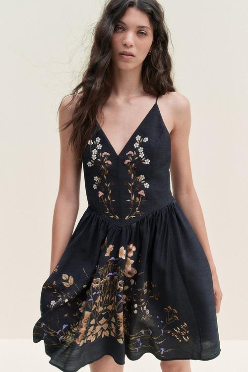 Flared-skirt dress - black floral