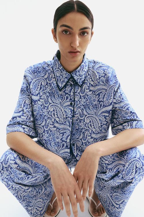 Printed satin shirt - blue paisley pattern