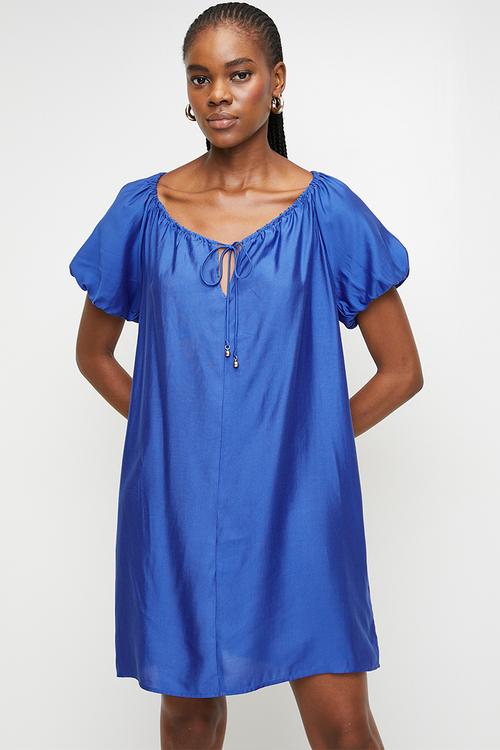 Drawstring-neck dress - dark blue