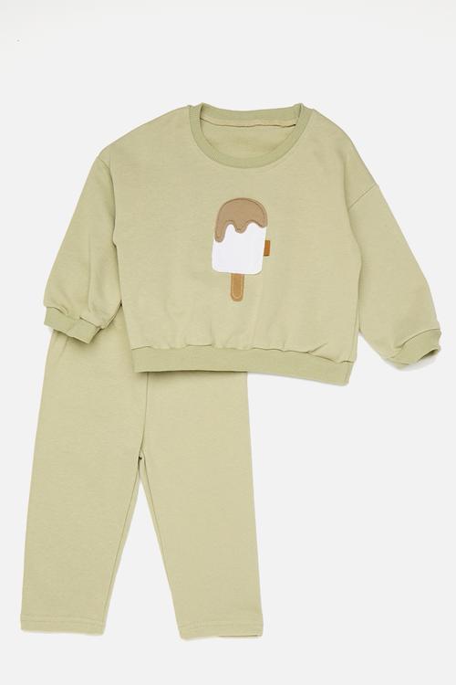 Ice cream embroidered sweater with joggers - light olive