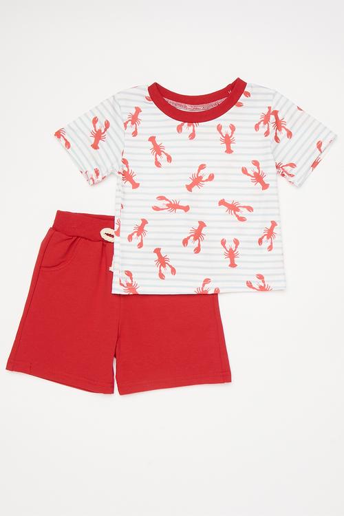 Lobster all-over-print tee with plain shorts - baby blue stripe/red