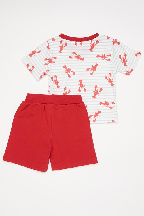Lobster all-over-print tee with plain shorts - baby blue stripe/red