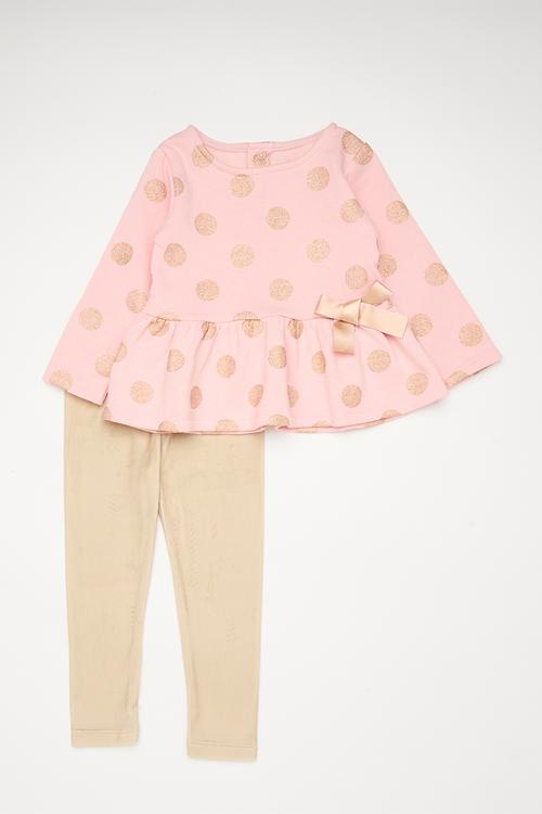 Long sleeve peplum tee and legging set - pink/wheat/gold