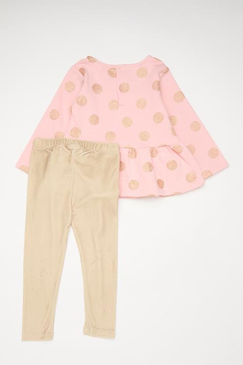Long sleeve peplum tee and legging set - pink/wheat/gold