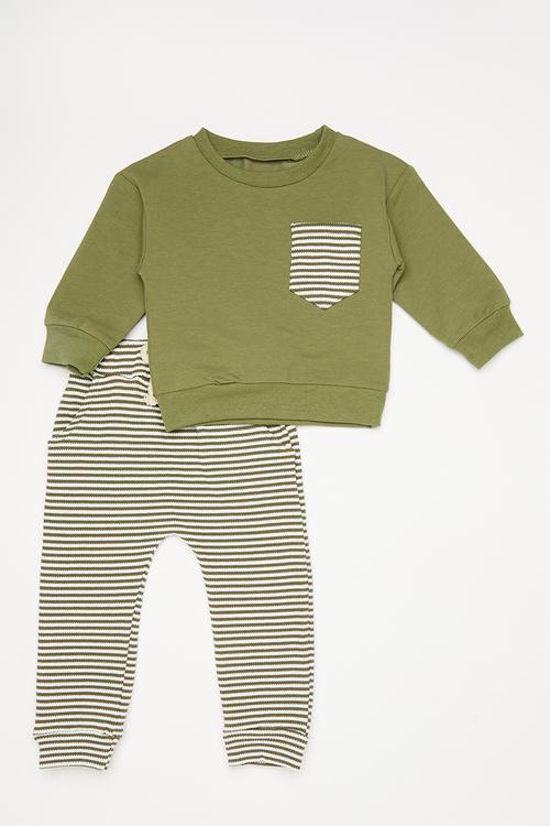 Contrast pocket sweater with joggers - green/green stripe