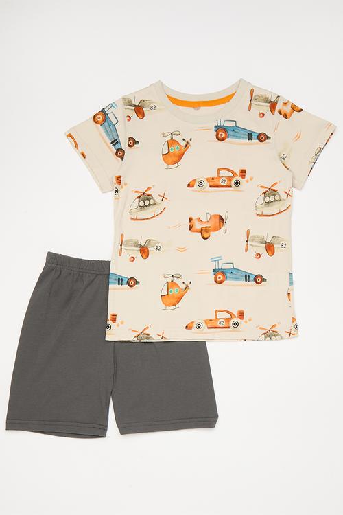 Tee & shorts set - cream/grey/multi