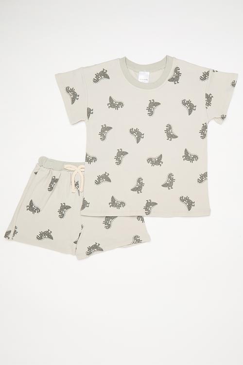 Dino all-over-print tee with matching shorts - grey