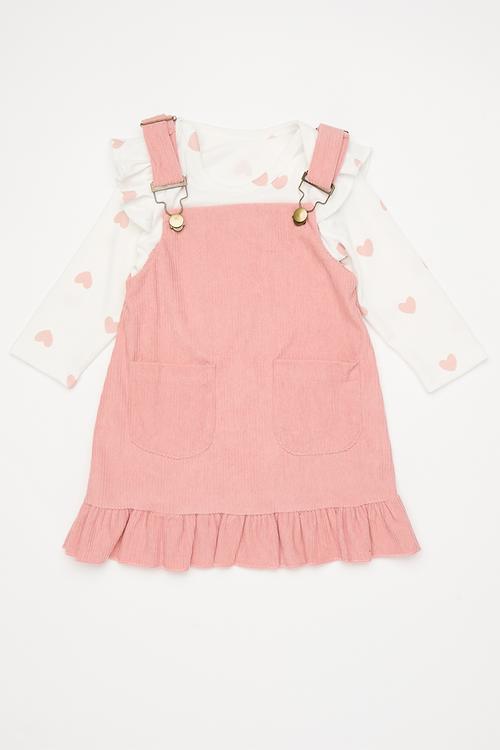 Long sleeved romper & dress set with bow - white/pink