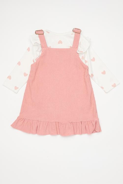 Long sleeved romper & dress set with bow - white/pink
