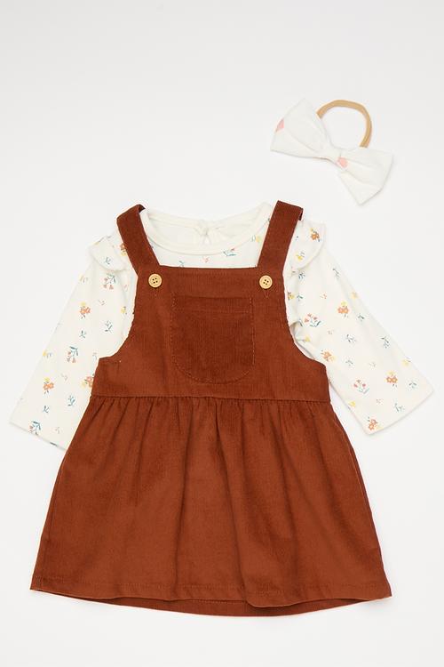 Short dungaree dress and tee set - ruby red/white/multi