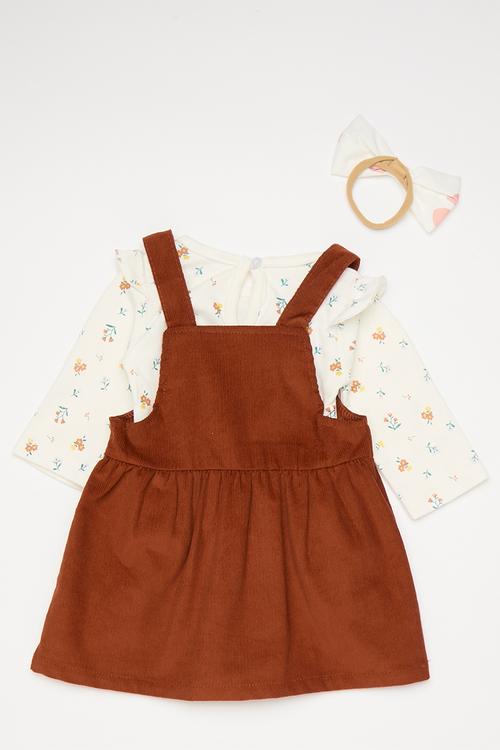 Short dungaree dress and tee set - ruby red/white/multi