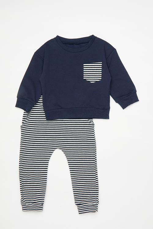 Contrast pocket sweater with joggers - navy/navy stripe