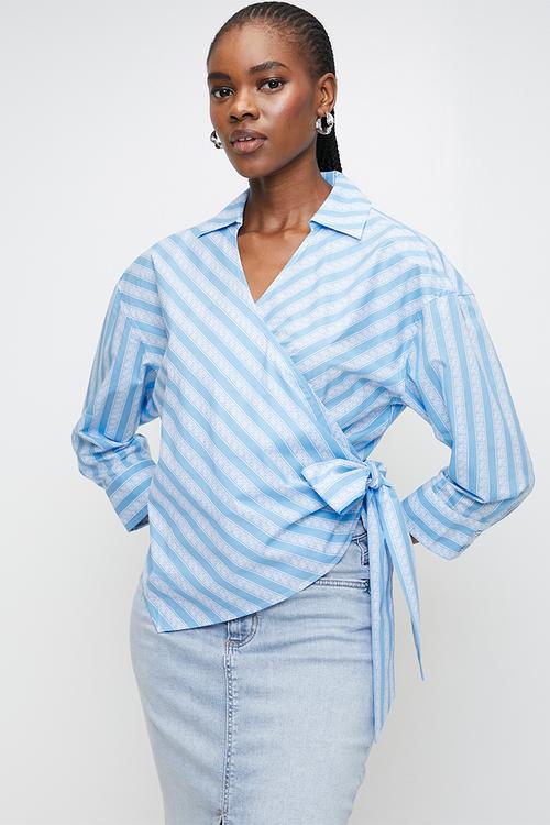Ladies riri oversized wrap shirt with tie - blue + white