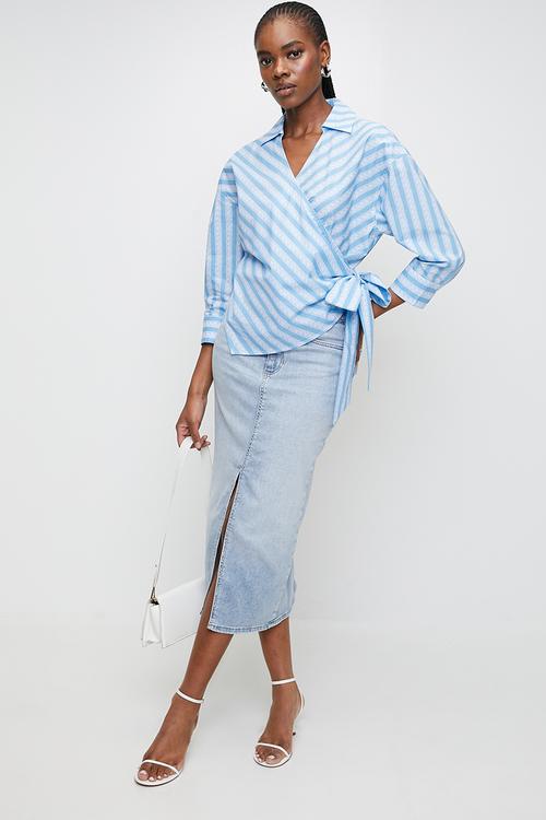 Ladies riri oversized wrap shirt with tie - blue + white