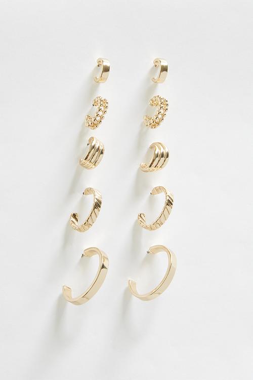 Gold Mixed Textured 5 Pack Hoop Earrings Set - gold