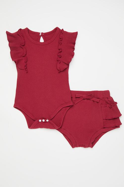 Rib romper with bloomer shorts - dark red