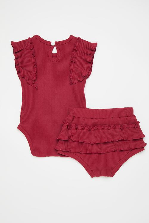 Rib romper with bloomer shorts - dark red