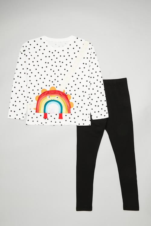 Rainbow placement print tee with plain leggings - white/black