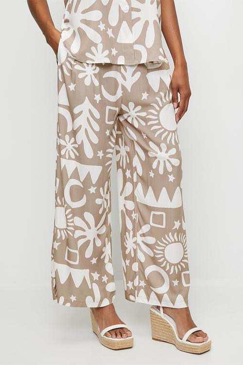 Wide Leg Palazzo Pant With Abstract Print Design - Latte