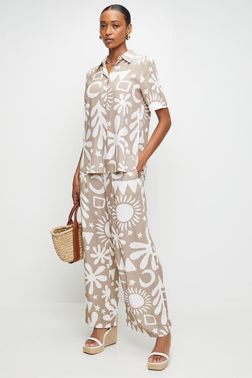 Wide Leg Palazzo Pant With Abstract Print Design - Latte