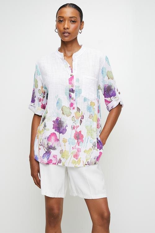 Italian Made Half Sleeve Half Placket Scoop Hem Blouse - White