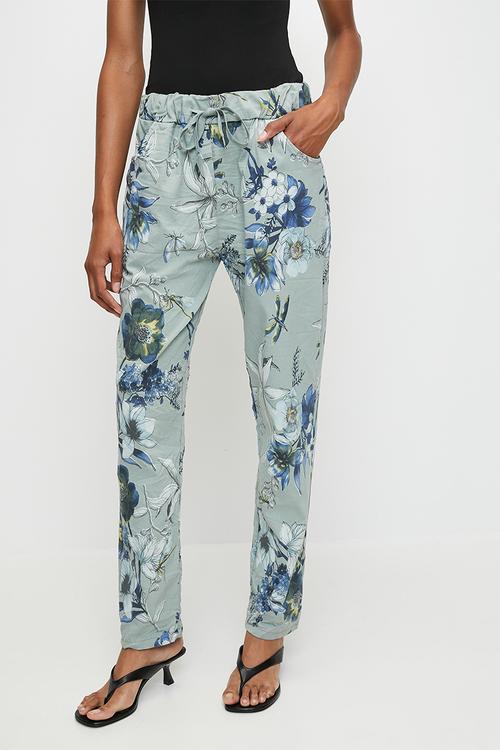 Italian Made Creased Printed Slimfit Jogger With Drawcord - Sage