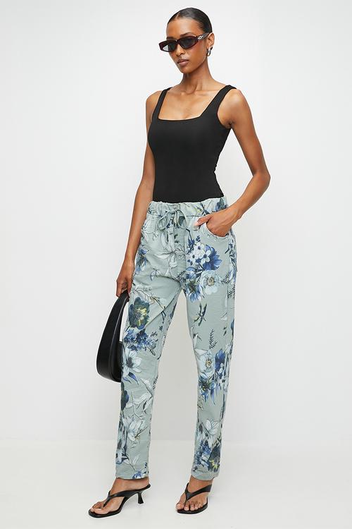 Italian Made Creased Printed Slimfit Jogger With Drawcord - Sage