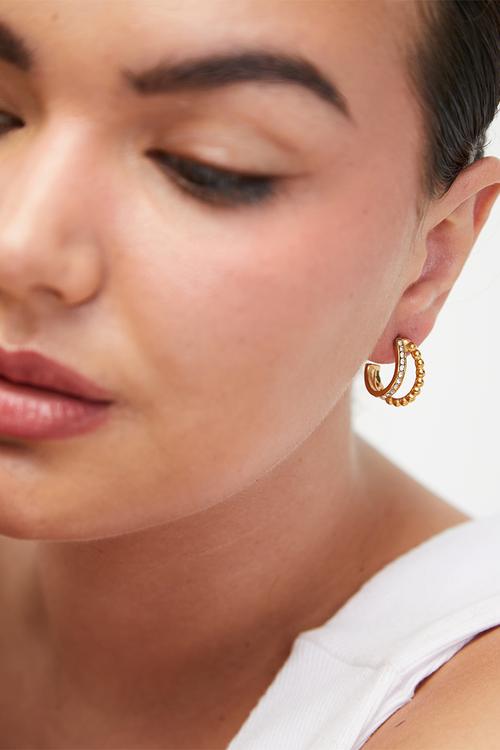 Trendy Bead And Stone Hoop Earrings - Gold