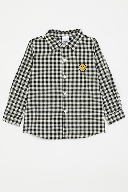 Smiley face embroidered shirt - black gingham
