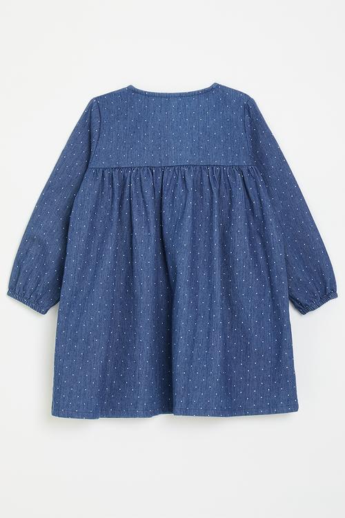 Empire denim dress with embroidery features - dark blue