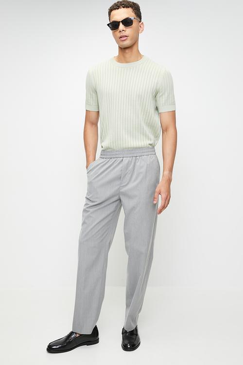 Elastic Waist Straight Fit Tailored Trousers - Grey