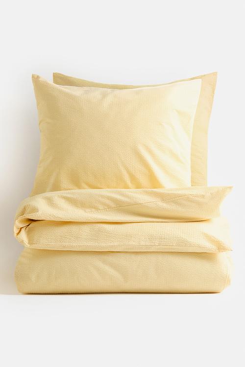 Seersucker double/king size duvet cover set - light yellow