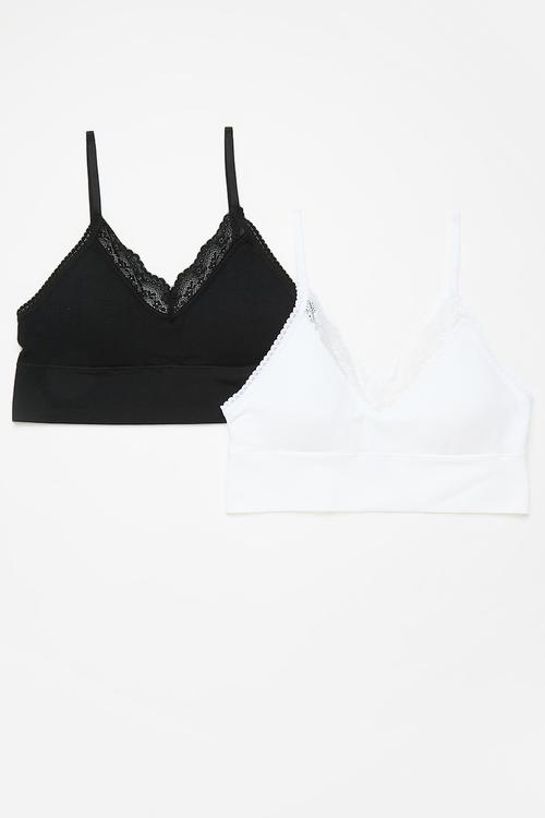 Seamless Longline Lace Trim Bralette 2Pk - Black/White