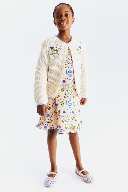 Crochet-look cardigan - cream flowers